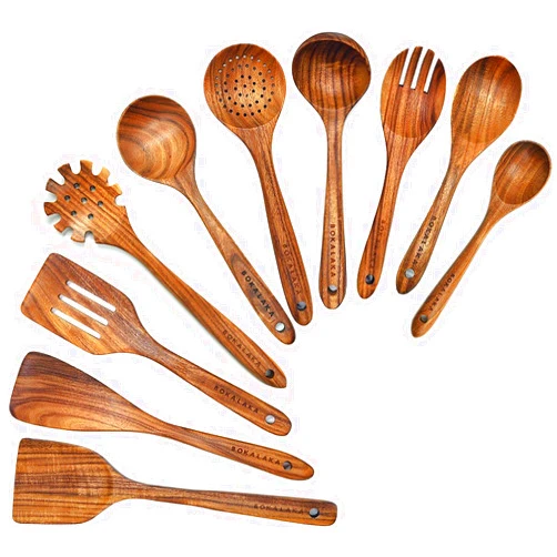 BOKALAKA Wooden Spoons for Cooking,10 Pcs Natural Teak Wooden Kitchen Utensils Set Wooden Utensils for Cooking Wooden Cooking Utensils Wooden Spatulas for Cooking