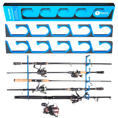 PLUSINNO H5 Horizontal Fishing Rod/Pole Holders for Garage, Wall or Ceiling Mounted Fishing Rod Rack, Aviation Aluminum Fishing Holder Holds up to 5/10/20 Rod or Combos or Nets Storage Racks