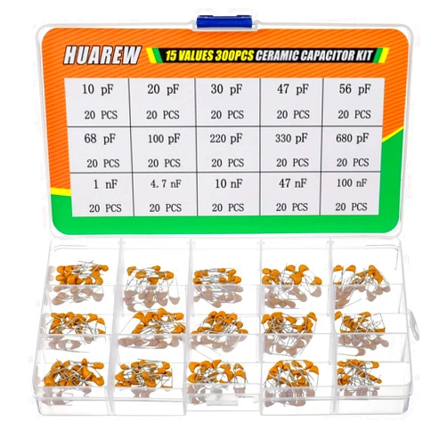 HUAREW 15 Values 300 Pcs Ceramic Capacitor 10~680 pF and 1~100 nF Assortment Kit