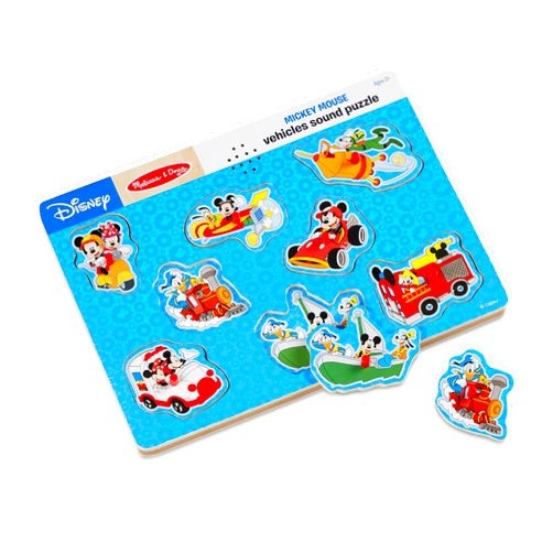 Melissa & Doug Disney Mickey Mouse and Friends Vehicles Sound Puzzle (8 pcs) - Mickey Mouse Toddler Toys, Wooden Sound Puzzles For Toddlers Ages 2+