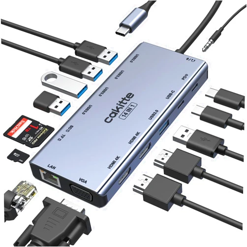 Cakitte USB C Laptop Docking Station, cakitte 14 in 1 Type C Hub Multiport Adapter with 3 Monitors, Dual HDMI, VGA, PD, Ethernet, SD/TF, Mic/Audio, Compatible for MacBook Dell HP Lenovo (Grey)