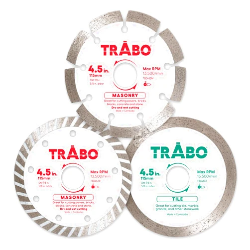 Trabo 4.5 Inch Variety 3 Pack Turbo, Continuous and Segmented Rim Diamond Metal Bond Blade for Cutting Cement, Pavers, Concrete with Rebar, Natural Stone and More