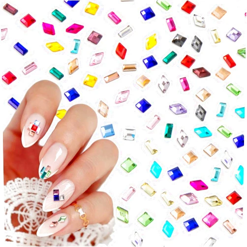 HINZIC 150pcs Rhinestones Nail Art Charm, Flatback Gems Colorful Crystal Glass Jewels Face Clothes Shoes Decor Bead, Mini Diamond Square Rectangle Geometric for Crafts Acrylic Nail Supplies