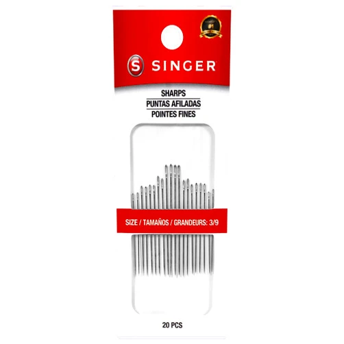 SINGER Sharps Hand Sewing Needle Set - Assorted Sizes 3/9, Nickel-Plated Steel, Durable, for Embroidery, Quilting, Mending, with Standard Eyes, 20pc