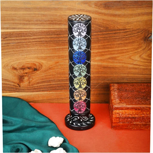 Ajuny Marble Incense Stick Tower Burner Tree of Life Carving Round Tealight Candle Stand Black Incense Stick Holder with Ash Catcher for Yoga Meditation Fragrance Home and Office Décor (10.5 Inch)