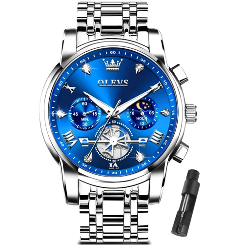 OLEVS Men Silver Watches,Men's Stainless Steel Chronograph Watch,Man Analog Quartz Big Face Male Watches Luxury Waterproof Roman Numeral Dress Diamond Relojes para Hombre