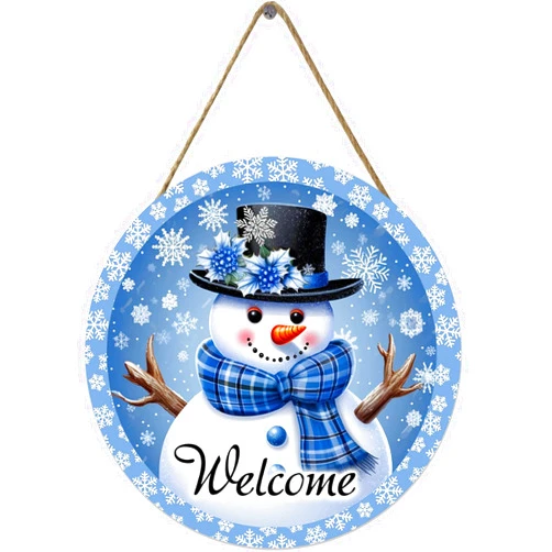 BMOWLLYSG Welcome Winter Snowman Blue Front Door Sign, Wooden Door Hanging Outdoor Porch Decor, Snowflake Christmas Holiday Wooden Wreath Indoor Wall Decor 12x12 inch