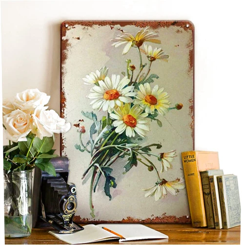 YOYI ART Vintage Decor Daisy Decor Tin Signs Spring Decor, Old-Fashioned Flowers White Daisy With Dew Drop Garden Signs, 12x 8 Inches Retro Kitchen Decor Daisy Wall Decor for Home Wall Cafes Pubs