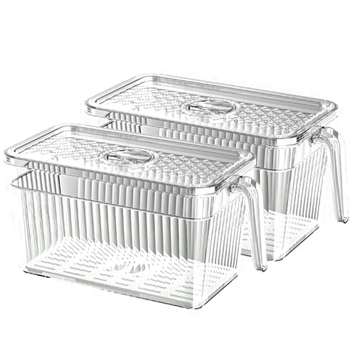 Halyuhn 2 Pack Clear Refrigerator Organizers and Storage, Plastic Fridge Organizer Bins with Handle and Removable Drain Tray, Multi-Use Organizer Bins for Kitchen, Cabinets, Fridge, Drinks, Vegetable