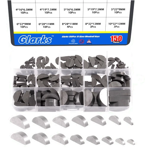 Glarks 150Pcs 15 Sizes Woodruff Keys Assortment Carbon Steel Woodruff-Key Semi-Circular Keys Set for Fasteners Mechanical Industry