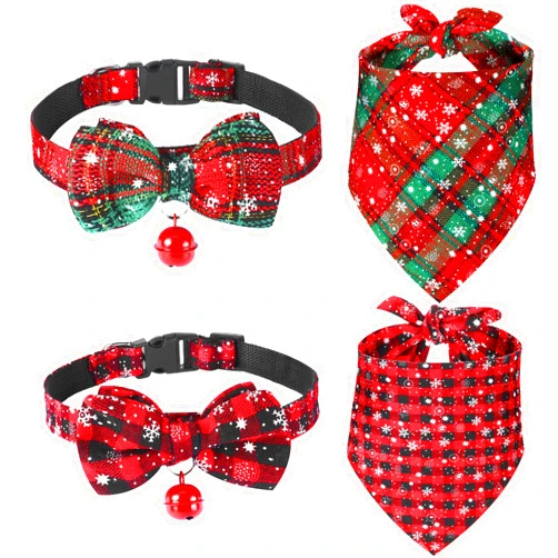 Frienda 4 Pieces Christmas Dog Bandanas and Collars Set Xmas Christmas Classic Plaid Dog Neck Tie Triangle Bib Scarf Kerchief Adjustable PET Bow Tie with Safety Bell PET Costume for Cat Dog (S, Stylish Style)