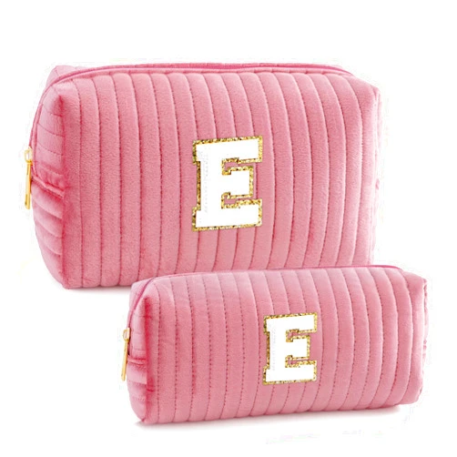 YOOLIFE Bridesmaid Gifts - Bride to be Gifts, Bridesmaid Gifts for Wedding Day, Maid of Honor Gifts, Bachelorette Party Gift for Bride, Personalized Monogram Initial Pink Velvet Makeup Bag for Women E
