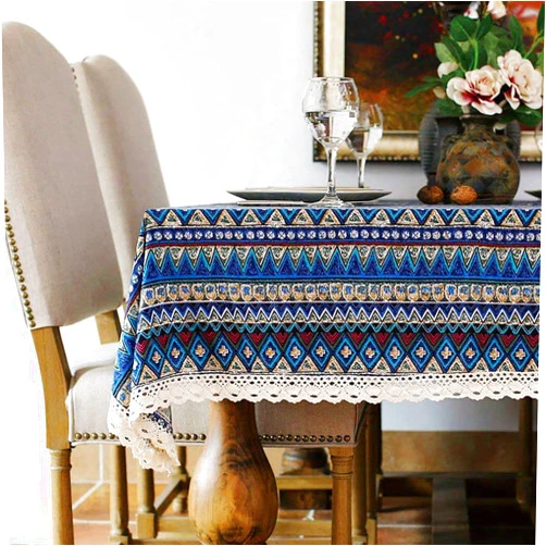 Bringsine Washable Cotton Linen Lace Bohemian Style Geometric Design Rectangle Tablecloth Dinner Picnic Table Cloth Home Decoration Assorted Size（Rectangle/Oblong, 36 x 55 Inch）