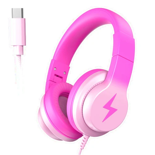 Candy Bila Wired USB C Kids Headphones, 85dB Safe Volume Limit, HD Stereo Sound, Adjustable Headband, Foldable Over-Ear Design for School/Travel/Boys/Girls/iPad/Tablet (Gradient Rose Pink,No Mic)