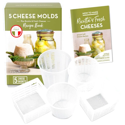 Country Trading Co. Easy Cheesemaking Set | 5 Cheese Molds + Cheese Making Book | Made in Italy | Recipes to Make Ricotta, Paneer, Goats Cheese, Quark and More | Professional Cheese Press Basket Mold Set of Strainers