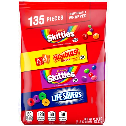 Wrigley's SKITTLES, STARBURST & LIFE SAVERS Fun Size Fruity Halloween Candy Assortment, 135 Ct Bulk Bag