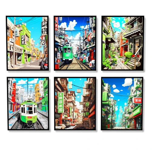 Luodroduo Japanese Wall Art Set of 6 Japan Rural Architecture Abstract Scenery Illustration Wall Decor Countryside Streets Canvas Art Poster for Living Room Bedroom Wall Art (B, 8