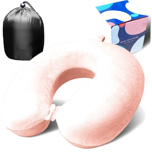 Anmokey Neck Pillow for Airplane Travel, 100% Pure Memory Foam Travel Neck Pillow for Sleeping & Travel Essentials for Neck Rest, Pink