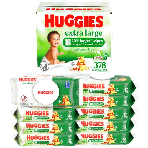 Huggies Extra Large Baby Wipes, Unscented, 9 Flip-Top Packs, 378 XL Wipes Total, Packaging May Vary