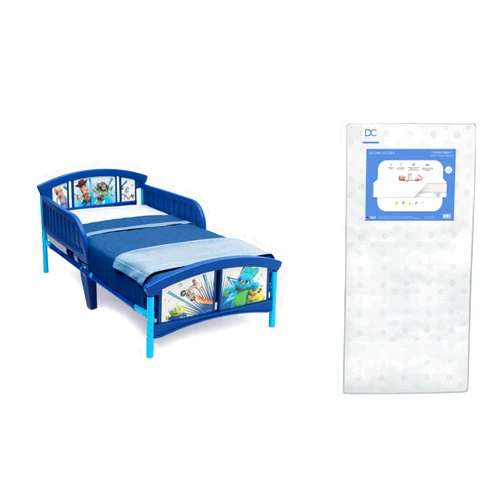Delta Children Plastic Toddler Bed, Disney/Pixar Toy Story 4 + Delta Children Twinkle Galaxy Dual Sided Recycled Fiber Core Toddler Mattress (Bundle) Toy Story 4 Bed + Mattress