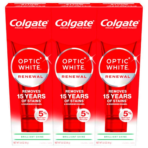 Colgate Optic White Renewal Teeth Whitening Toothpaste, Whitening Fluoride Toothpaste, Effectively Removes Tea, Coffee, and Wine Stains, Made with Hydrogen Peroxide, Brilliant Shine, 3 Pack, 3.0 oz