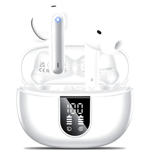 Aoslen Wireless Earbuds, 2024 Wireless Headphones HiFi Stereo Earphones with 4 ENC Noise Canceling Mic, 42Hs Playtime In Ear Earbud, Bluetooth 5.3 Sport Earphones with LED Power Display for Android iOS White