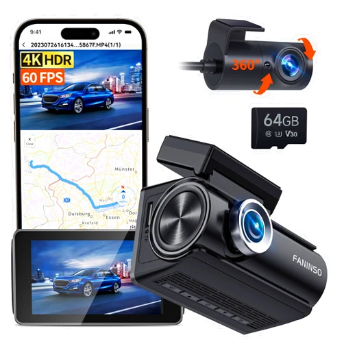Faninso 4k Dash Cam Front and Rear - 60 FPS Dash Camera for Cars and Trucks, Audio Alerts, Enhanced Night Vision, 3” HD Display, Includes 64GB Card - WiFi, GPS, 24H Parking Mode