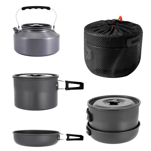 aiGear Camping Cooking Set Cookware Mess Kit with Storage Bag Pot Pan and Teapot Set Camping Accessories for Outdoor Camping Hiking Picnic Portable and Lightweight Aluminum Color Green,Black,Orange