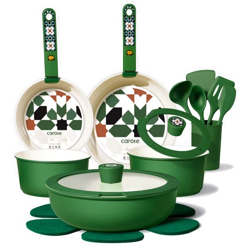 CAROTE 19Pcs Ceramic Cookware Set, Pots and Pans Set Non stick, Non Toxic Cookware Detachable Handle, Kitchen Cooking Set - Induction Cookware, Dishwasher/Oven Safe, PFAS Free, Green