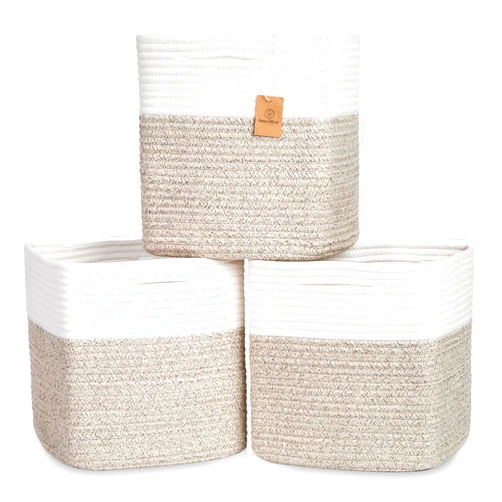 NaturalCozy 13 Inch Cube Storage Bins Cotton Rope Woven Baskets for Organizing 3-Pack | 13 x 13 Storage Cubes | Fabric Square Storage Baskets for Shelves Organizer, Kids Toy Bins, Closet Baby Nursery