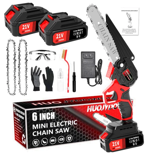 HUOJYDOWDL Mini Chainsaw 6 Inch Cordless, Handheld Small Chainsaw Battery Powered Electric Chainsaw 21V, Portable Power Chain Saws Super Saw Chainsaw with 2 Batteries and Charger for Tree Trimming Wood Cutting