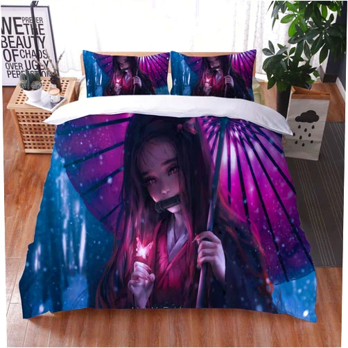 DAIRUINI Anime Demon Slayer Bedding Queen Size Bed Set 3pcs Bedroom Duvet Cover Set for Teens Boys Girls 1 Quilt Cover + 2 Pillowcases(No Comforter),A-915,Queen:90