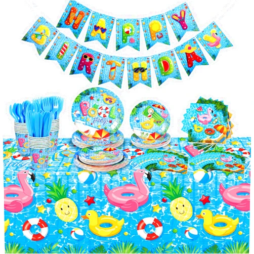 Lenwen 171 Pcs Pool Birthday Party Supplies Decorations Serves 24 Include Summer Beach Tablecloth Pool Party Birthday Banner Party Plates and Napkins Tableware Set for Beach Birthday Pool Party Decor
