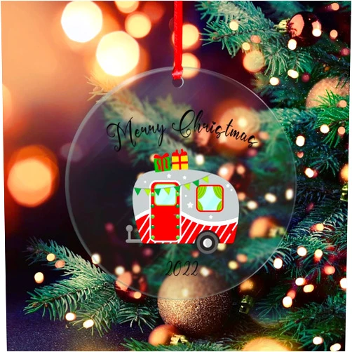 DOREENABE Merry Christmas Happy Camper Clear Ornaments Christmas Camping Lover Xmas Camping Truck Tree Camper Gift Keepsake Clear Ornament Christmas Tree Decorations Funny Gifts for Women/Men