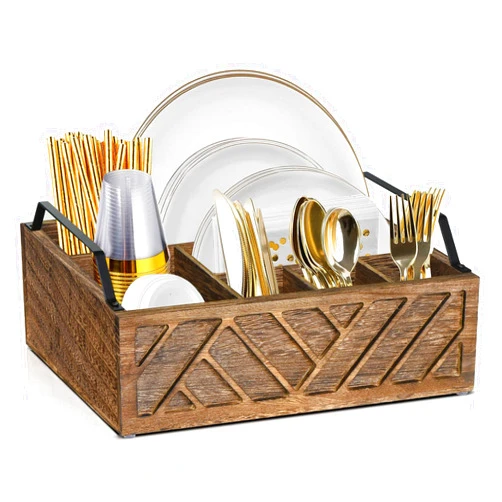 Ukonvi Paper Plate Dispenser, Paper Plate Holder for Kitchen Counter, Wood Rustic Silverware Utensil Caddy, Cutlery Flatware Organizer Box for Cups Spoons Forks Plates Napkins, Kitchen Accessories (Brown)