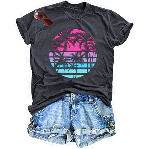 OJLPHH Hawaiian Shirts for Women Palm Trees Beach Graphic Tee Tops Summer Vacation Short Sleeve Tshirt Tops