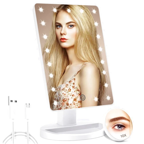 COSMIRROR Lighted Makeup Vanity Mirror with 10X Magnifying Mirror, 21 LED Lighted Mirror with Touch Sensor Dimming, 180°Adjustable Rotation, Dual Power Supply, Portable Cosmetic Mirror (White)