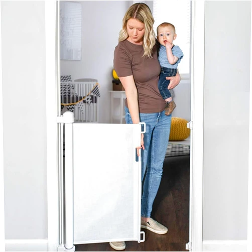 YOOFOR Retractable Baby Gate, Extra Wide Safety Kids or Pets Gate, 33” Tall, Extends to 55” Wide, Mesh Safety Dog Gate for Stairs, Indoor, Outdoor, Doorways, Hallways (White, 33