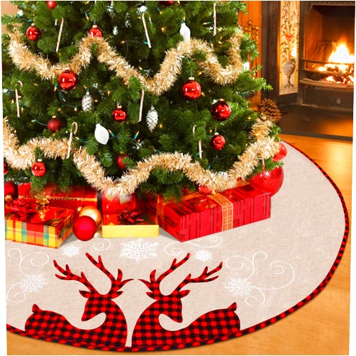 BEBEKULA 48 inch Burlap Christmas Tree Skirt, Red and Black Plaid Reindeer Extra Large Tree Skirts, Xmas Tree Skirt for Christmas Decorations Indoor Outdoor (48
