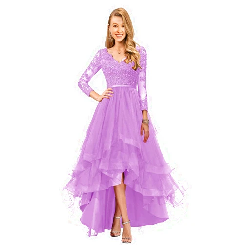 Qhdeikd Prom Dress Hi-Lo Formal Dresses for Women Wedding Guest Dresses Tulle Bridesmaid Dresses Long Sleeve