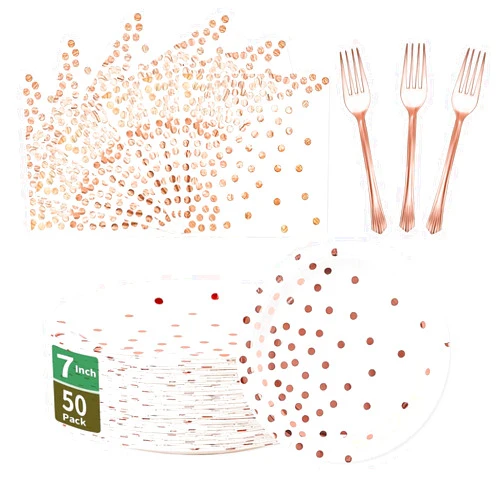 CENLBJ White and Rose Gold Paper Plates and Napkins Party Supplies-50 x 7''Dessert Plates & 50 x 6.5''Napkins & 50 x 7.3''Forks,Disposable Paper Tableware Set for Birthday,Wedding,Bridal Shower,Anniversary