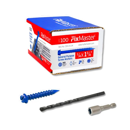 FixMaster 1/4 x 1-3/4 Hex Head Blue Concrete Screw Anchors (100 pcs Screw Kit) with one Screwdriver and Drill Bit for Concrete, Masonry, Block, Brick and Wood Fastening