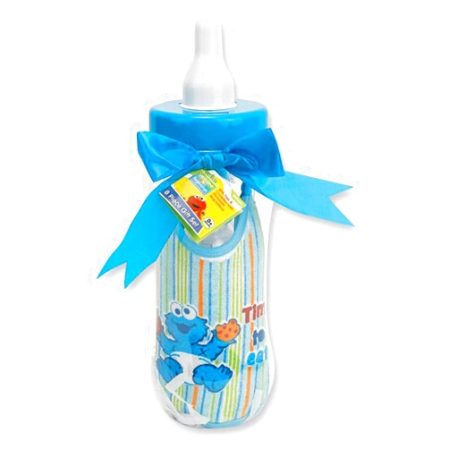 Regent Baby Sesame Beginnings Bottle Bank Gift Set - 8 Piece Baby kit Includes 9 oz Baby Bottle, bib, Bottle Brush, Snack Container with lid, Brush and Comb All in Large Bottle Bank - Cookie Monster Blue