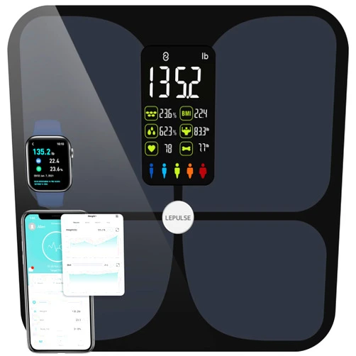 Lepulse Scales for Body Weight and Fat, Lepulse Large Display Weight Scale, High Accurate Body Fat Scale Digital Bluetooth Bathroom Scale for BMI Heart Rate, 15 Body Composition Analyzer Sync with Fitness App