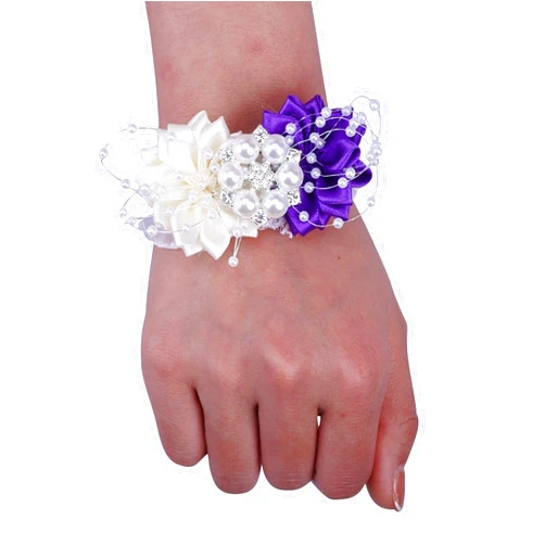 Tasism Bridesmaid Girl Bride Wrist Corsage，Flower Hair Accessories，Pearl corsage bracelet with elastic band for Wedding Prom Party Decor(Purple ivory)