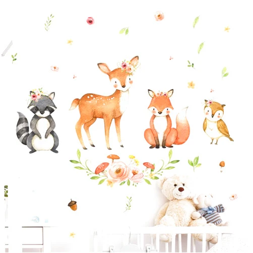 Fanwaoo Jungle Safari Animal Wall Decals Woodland Wall Stickers Deer Fox Owl Raccoon Wall Decor Cartoon Animal for Kids Room Baby Nursery Playroom Living Room