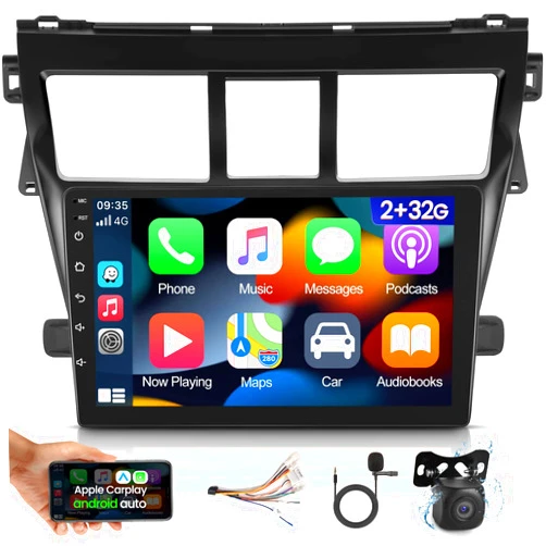 EKAT [2G+32G] Car Radio for Toyota Vios Yaris 2007 2008 2009 2010 2011 2012, 9 inch Android Touch Screen Stereo, Carplay/Android Auto/WiFi/1080P/SWC/Bluetooth+AHD Backup Camera+MIC