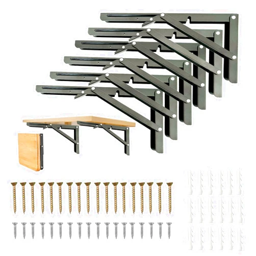 Medach Folding Shelf Brackets,Wall Mounted Shelf Brackets,Heavy Duty Shelf Bracket,Black Metal Shelf Brackets for Bendable Table,Space Saving (16 Inch 6 Pcs)