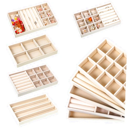 Aphumedc Set of 10 Small Velvet Jewelry Tray, Stackable Jewelry Organizer Trays for Drawers, Divided Jewelry Storage Display Case for Rings Earring Stud Necklace with Removable Dividers, Beige