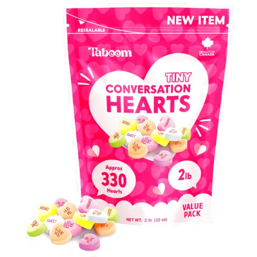 Taboom Tiny Conversation Hearts Candy – 2 lb Bulk Pack – Hard & Crunchy Heart-Shaped Candy in Resealable Bag – Great for Buffets & Treat